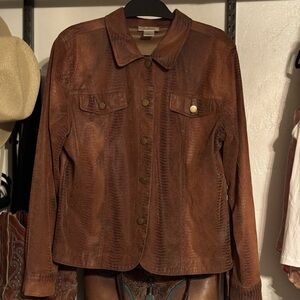 Dressbarn Jacket Womens Sz L Brown Faux Suede Snake Reptile Trucker Lightweight